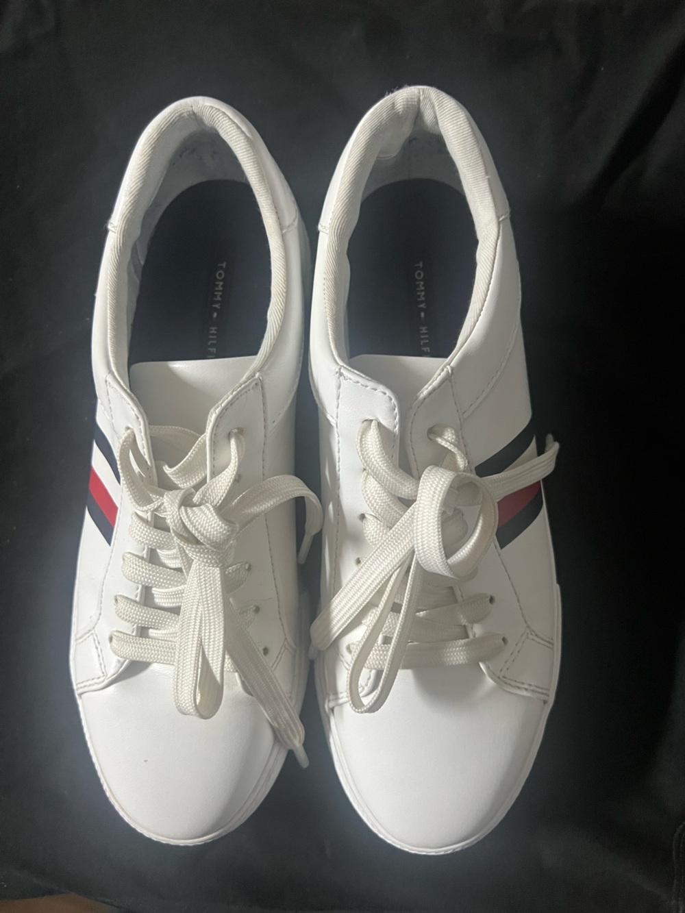 Women’s Tommy Hilfiger White Sneakers with Red & Navy Stripes